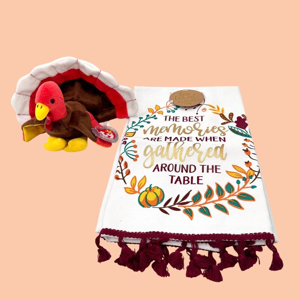 NWT THANKSGIVING TASSEL NOVELTY TEA TOWEL & VINTAGE '97 TY GOBBLES TURKEY BEANIE